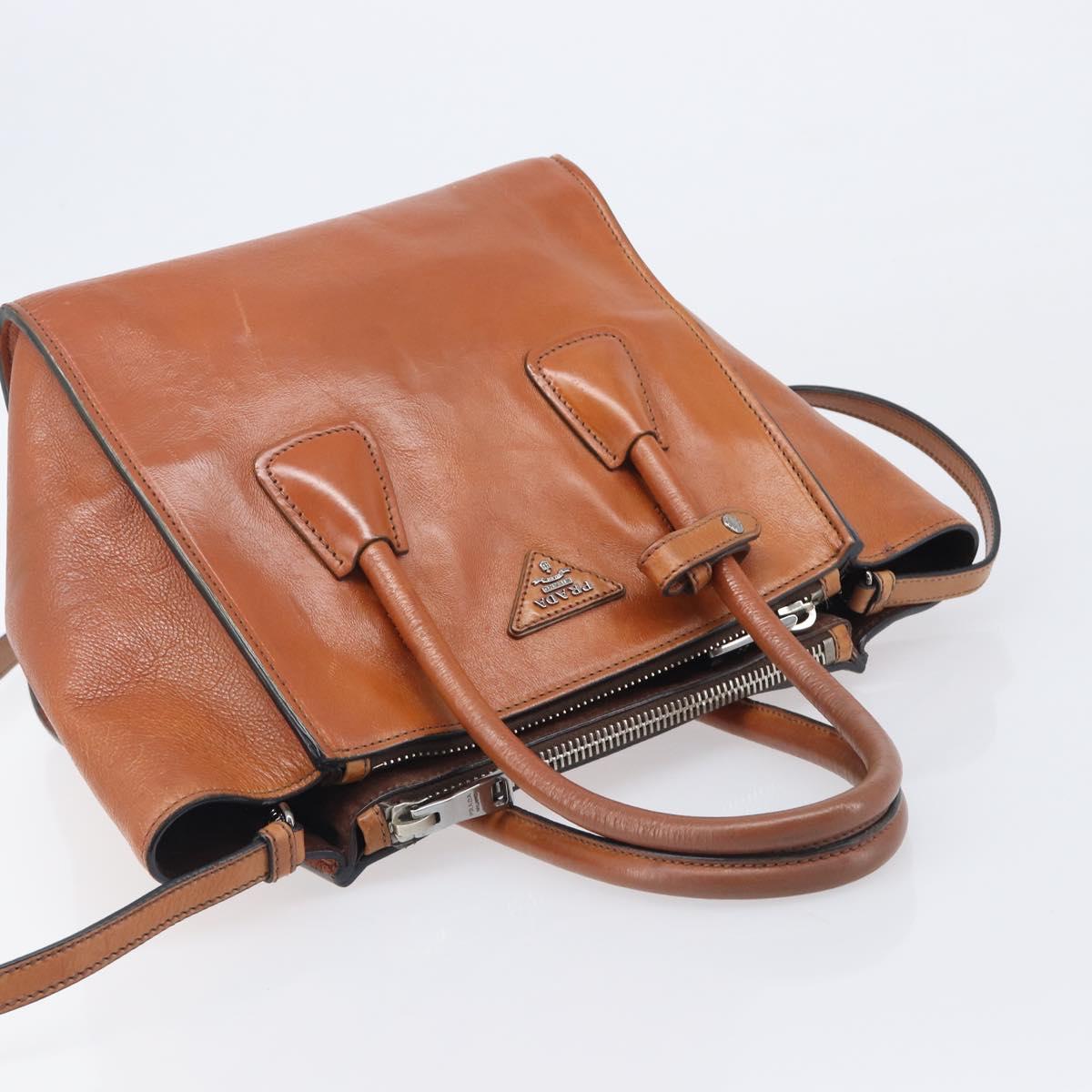 PRADA Hand Bag Leather 2way Brown Silver Auth 206531A