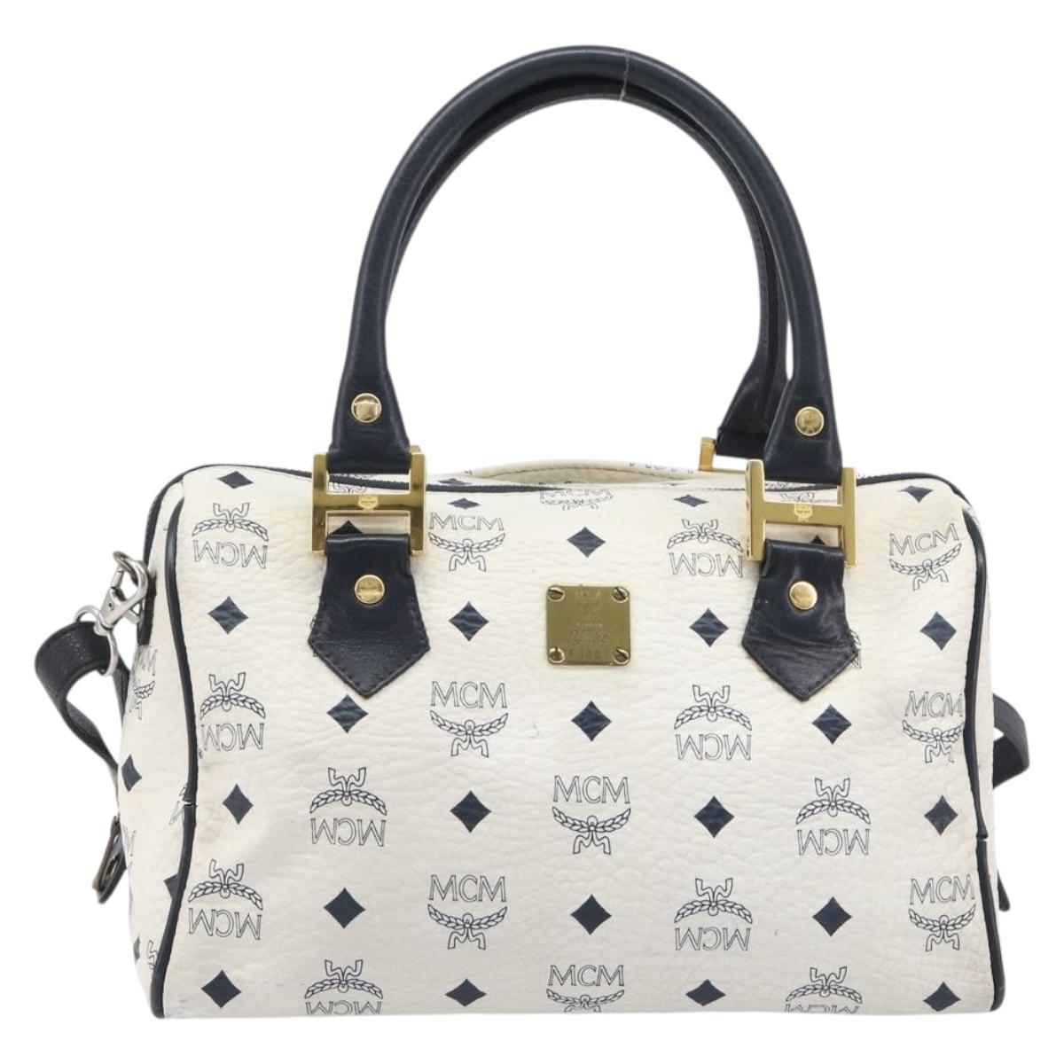 MCM Logogram Vicetos Hand Bag PVC Leather 2way White Gold Auth 206543A
