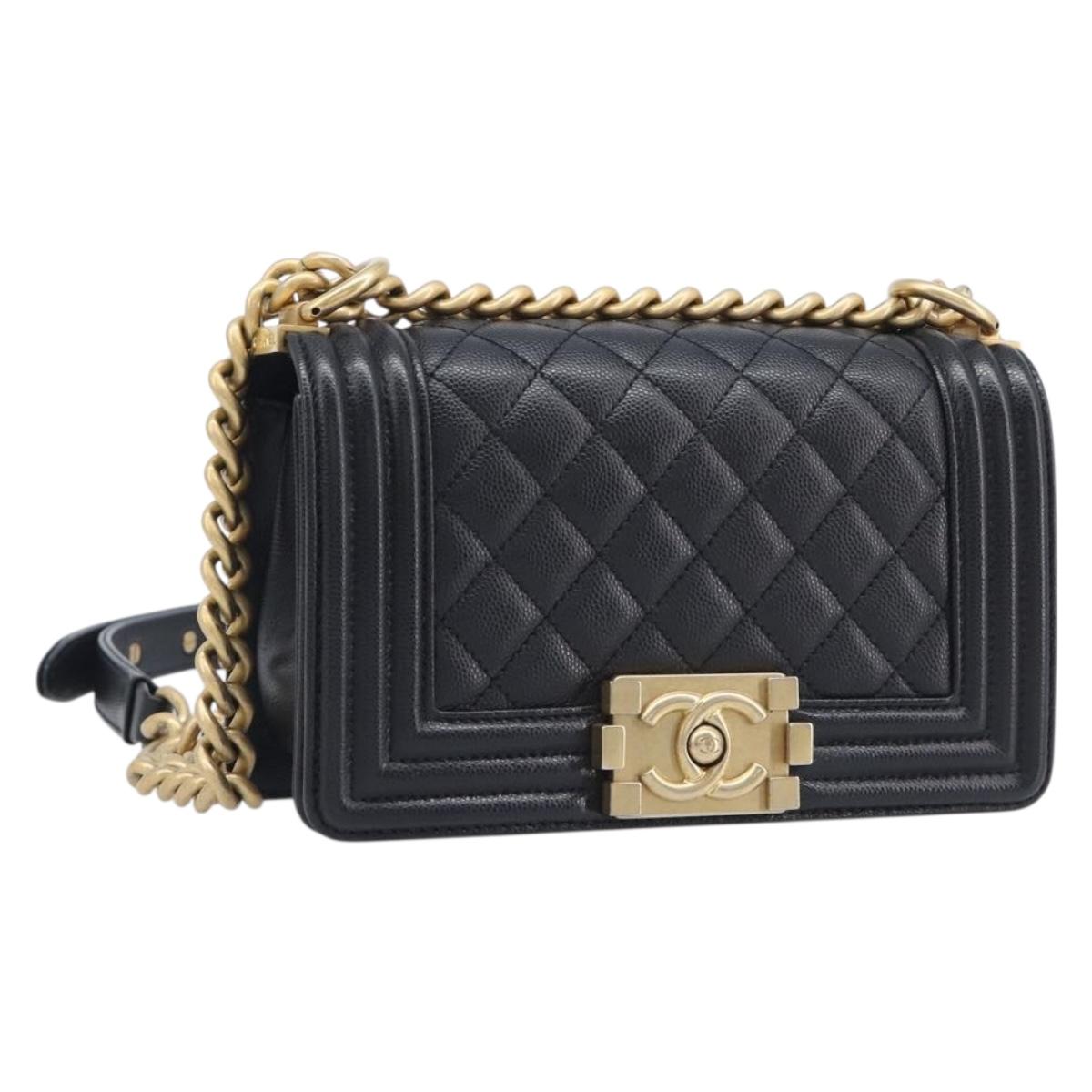 CHANEL Boy Chanel Matelasse Chain Bag Caviar Skin Black Gold CC Auth 206546SAM