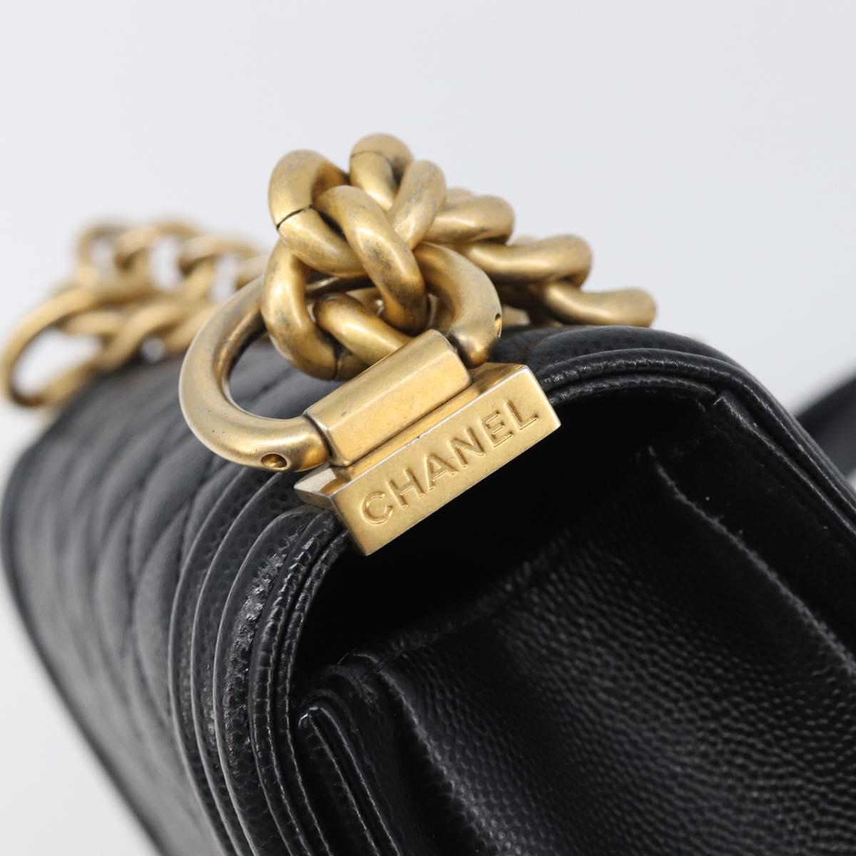 CHANEL Boy Chanel Matelasse Chain Bag Caviar Skin Black Gold CC Auth 206546SAM