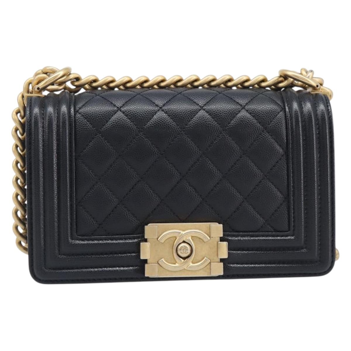 CHANEL Boy Chanel Matelasse Chain Bag Caviar Skin Black Gold CC Auth 206546SAM