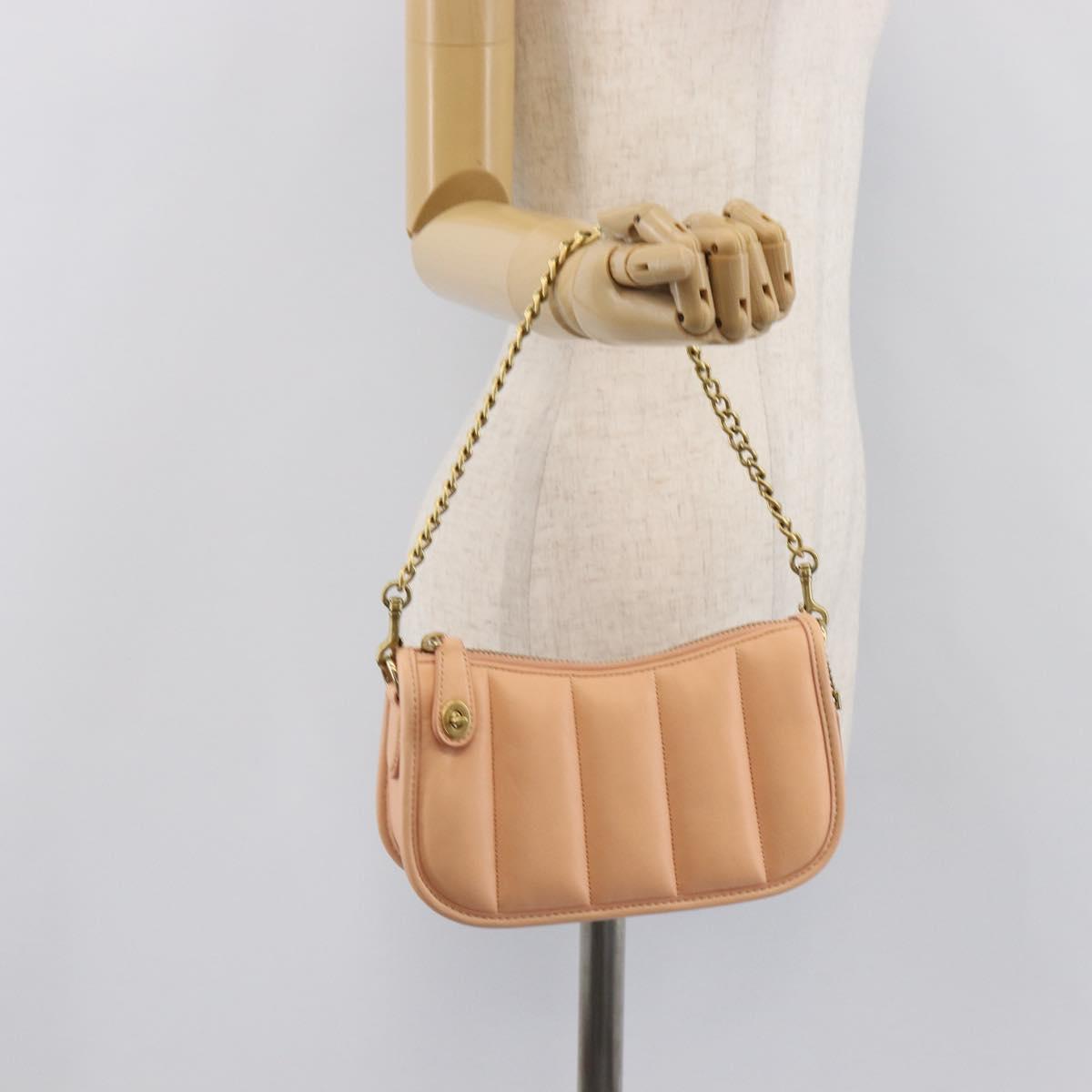 Coach Chain Shoulder Bag Leather Beige Gold Auth 206557A