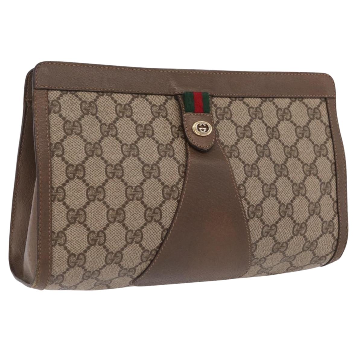 GUCCI GG Supreme Web Sherry Line Clutch Bag PVC Beige Gold 89 01 033 Auth 206572