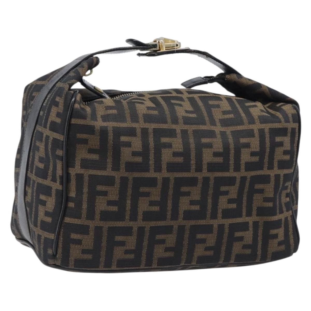 FENDI Zucca Canvas Vanity Cosmetic Pouch Brown Gold Tone Auth 206619