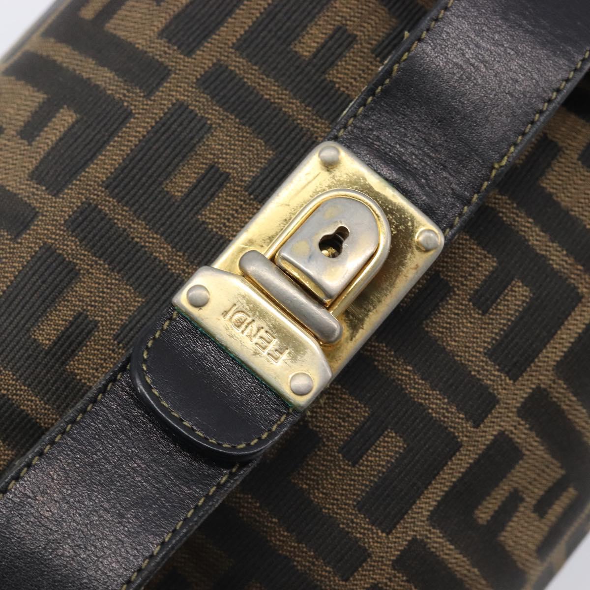 FENDI Zucca Canvas Vanity Cosmetic Pouch Brown Gold Tone Auth 206619