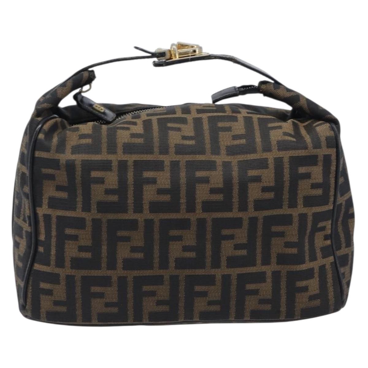 FENDI Zucca Canvas Vanity Cosmetic Pouch Brown Gold Tone Auth 206619