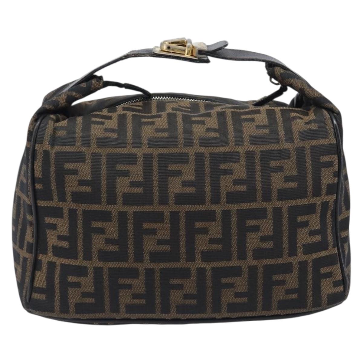 FENDI Zucca Canvas Vanity Cosmetic Pouch Brown Gold Tone Auth 206619