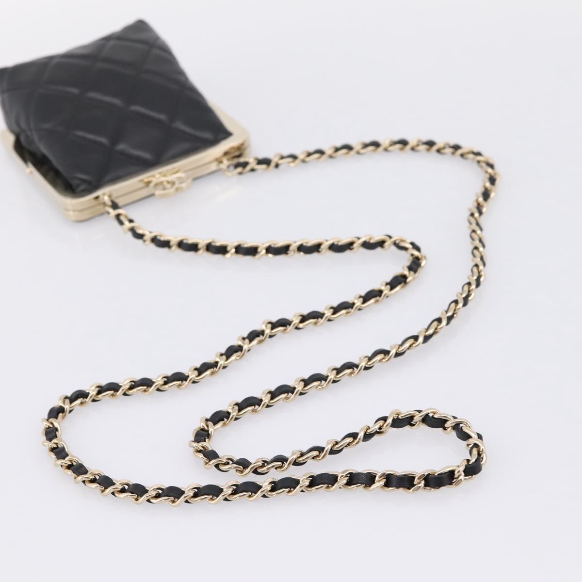CHANEL Chain Pouch Lamb Skin Black Gold Tone CC Auth 206662SAV