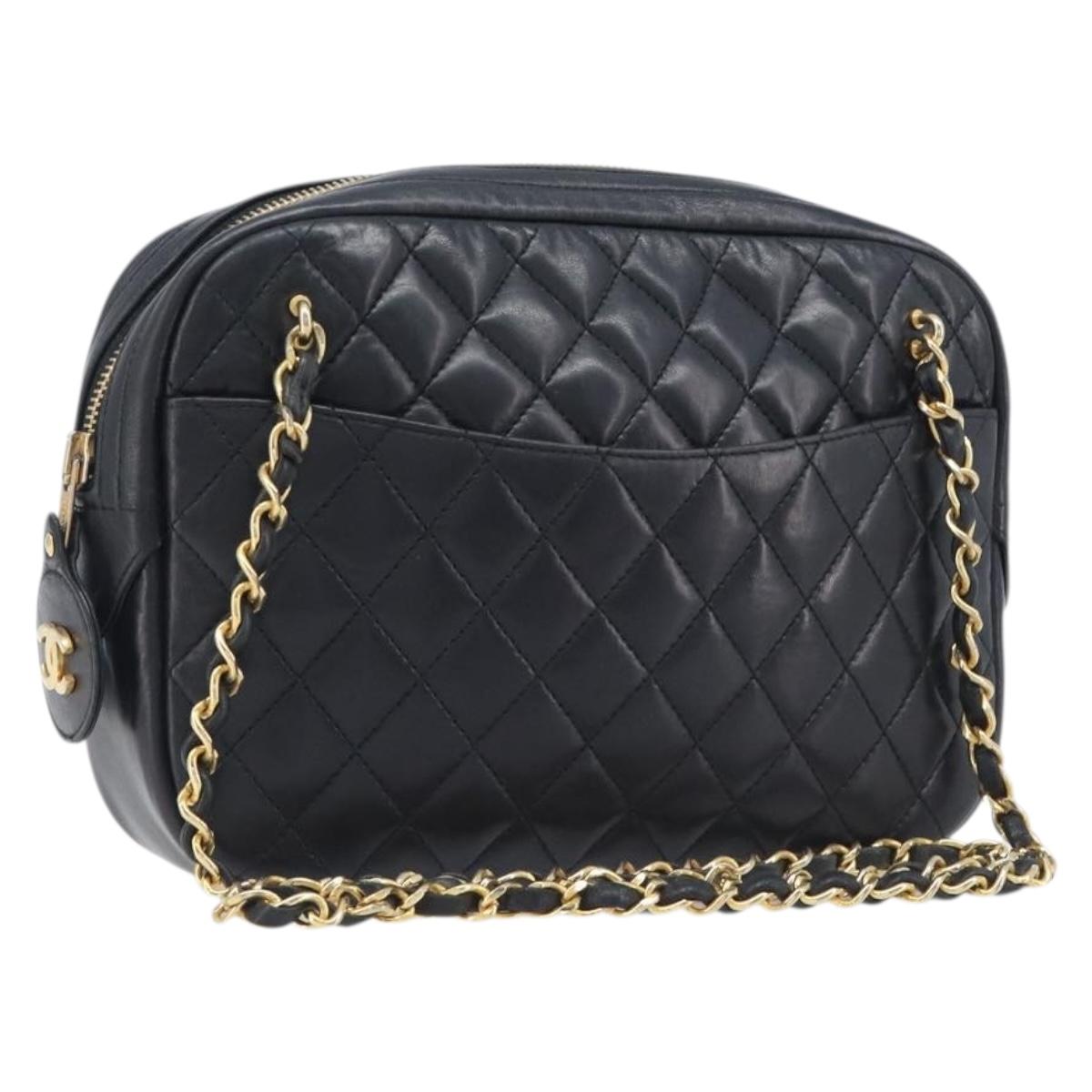 CHANEL Matelasse Chain Shoulder Bag Lamb Skin Black Gold CC Auth 206746A