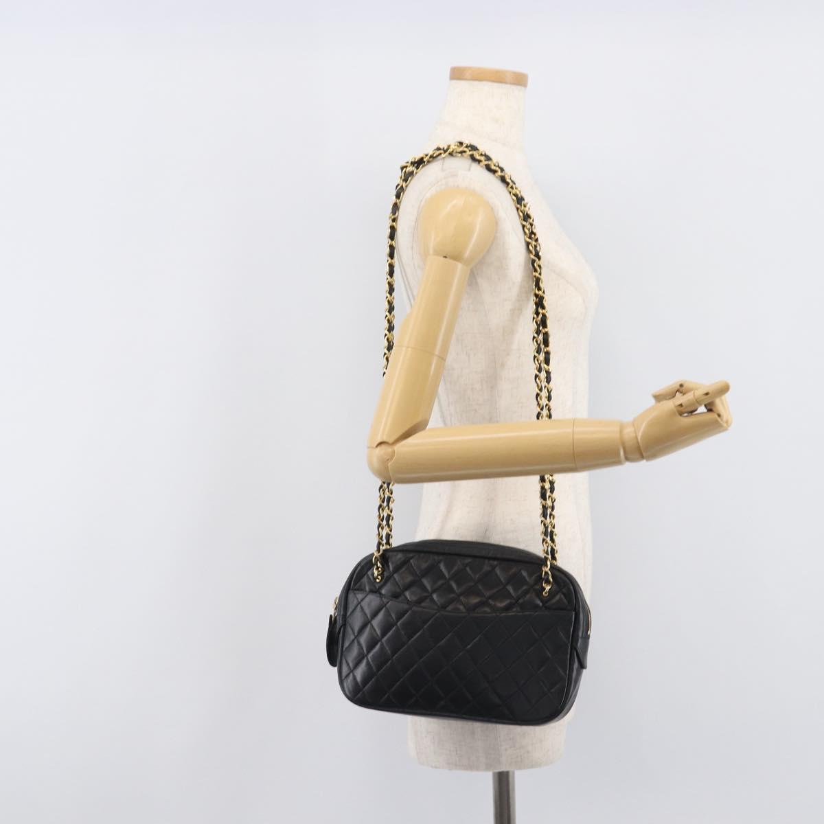 CHANEL Matelasse Chain Shoulder Bag Lamb Skin Black Gold CC Auth 206746A