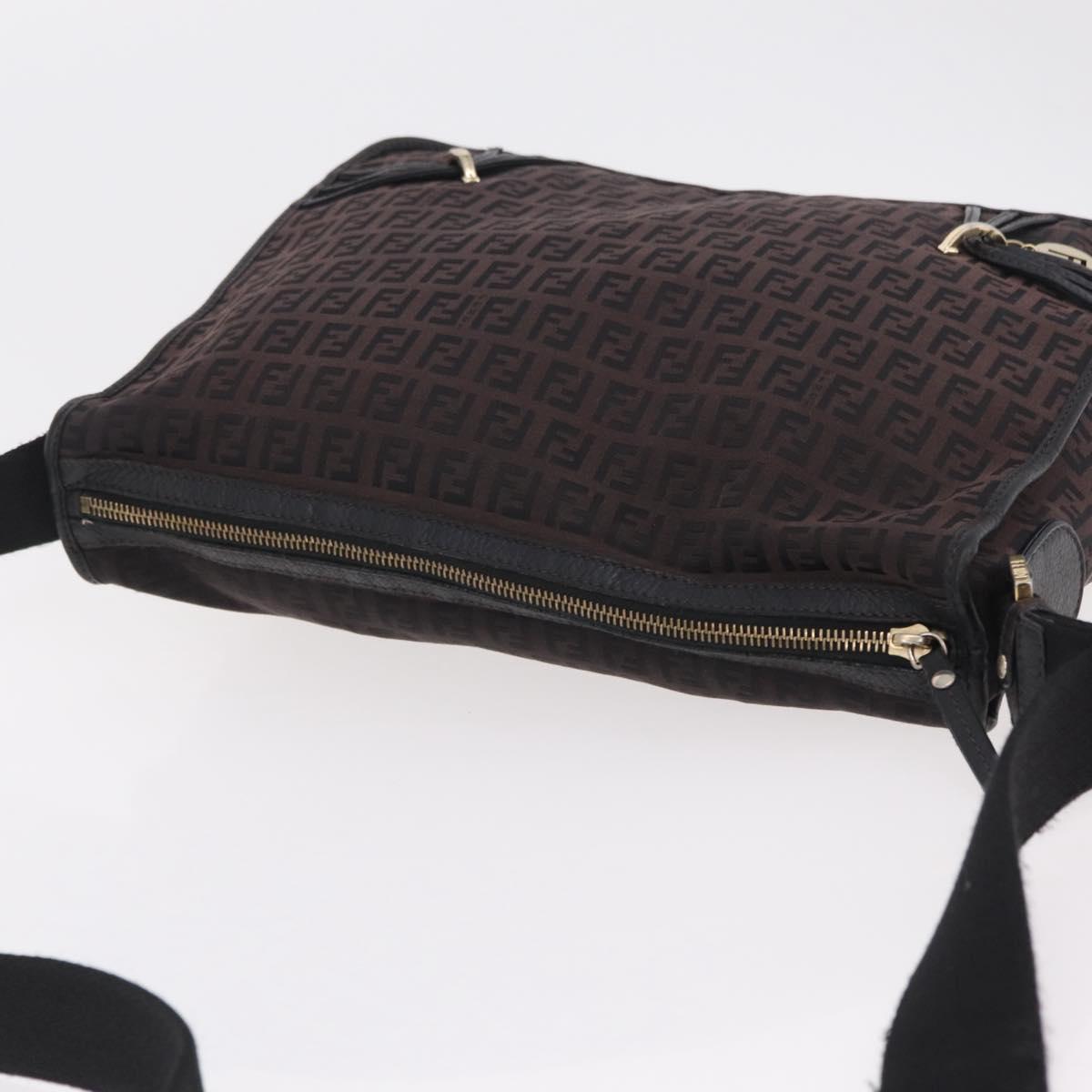 FENDI Zucchino Canvas Shoulder Bag Dark Brown Gold Auth 206775A