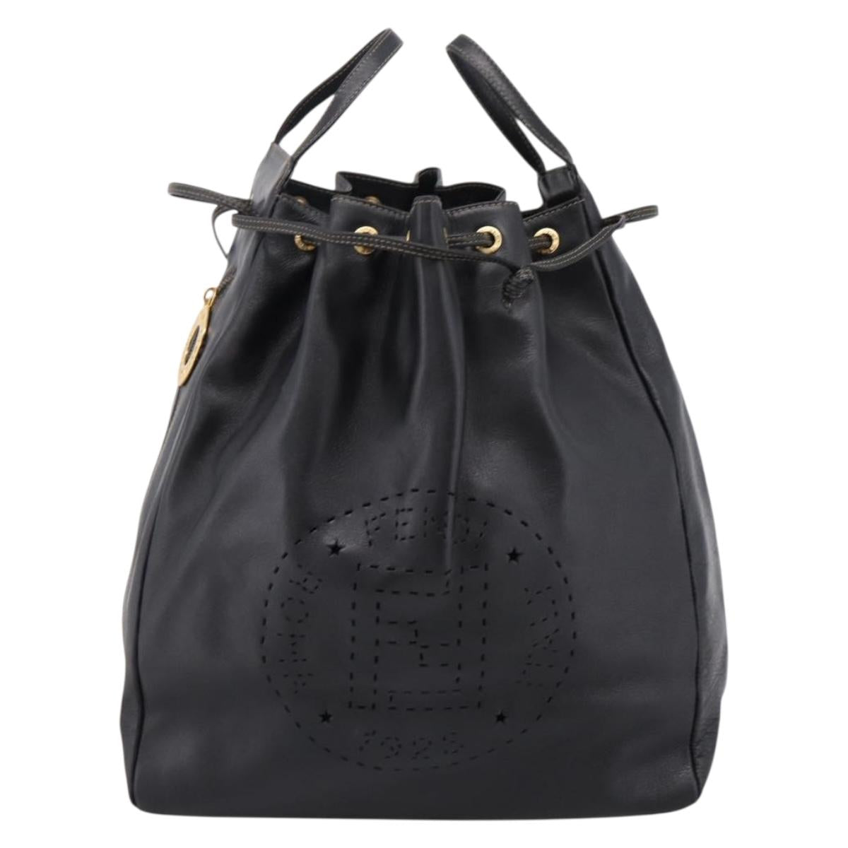 FENDI Hand Bag Leather Black Gold Auth 206838