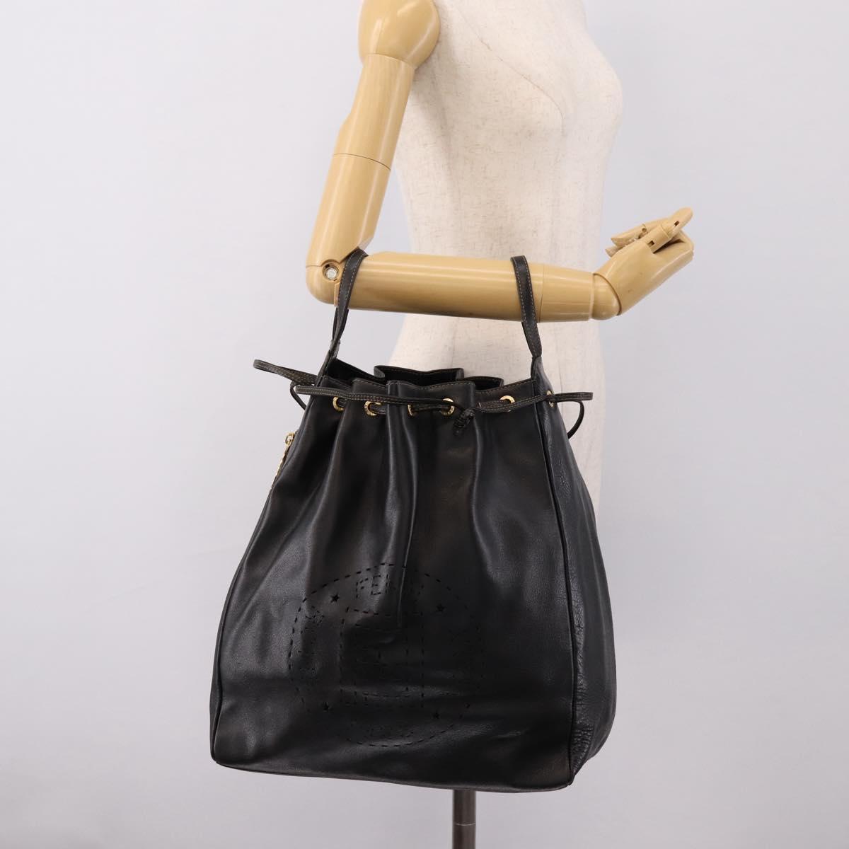 FENDI Hand Bag Leather Black Gold Auth 206838