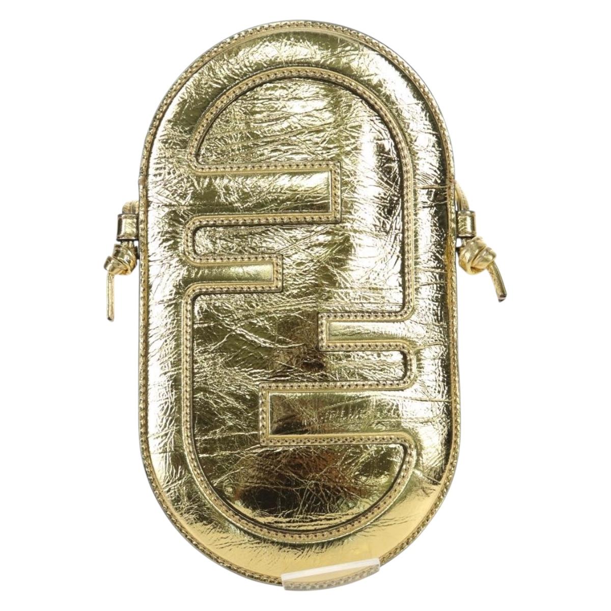 FENDI Shoulder Pouch Leather Gold Auth 206841M