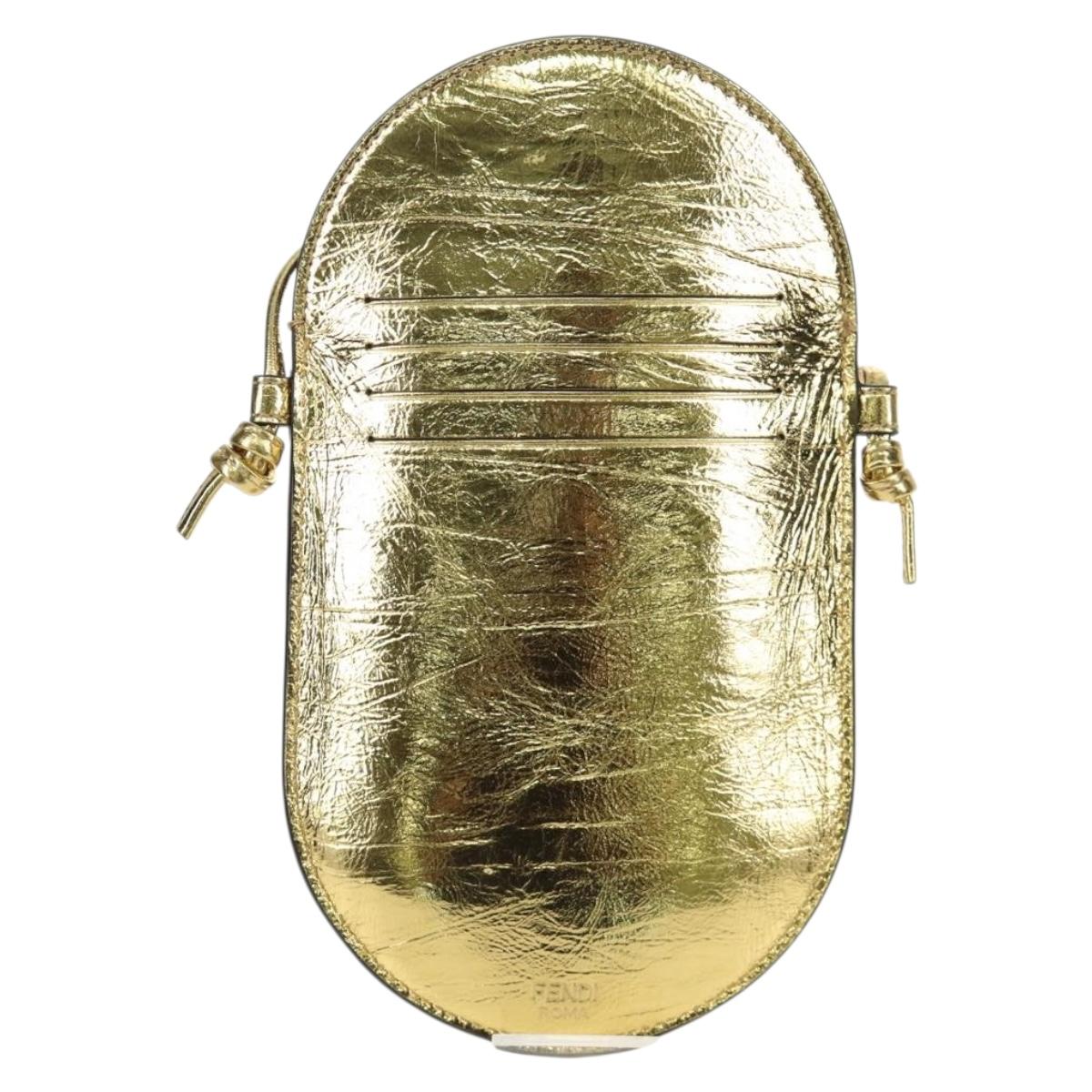 FENDI Shoulder Pouch Leather Gold Auth 206841M