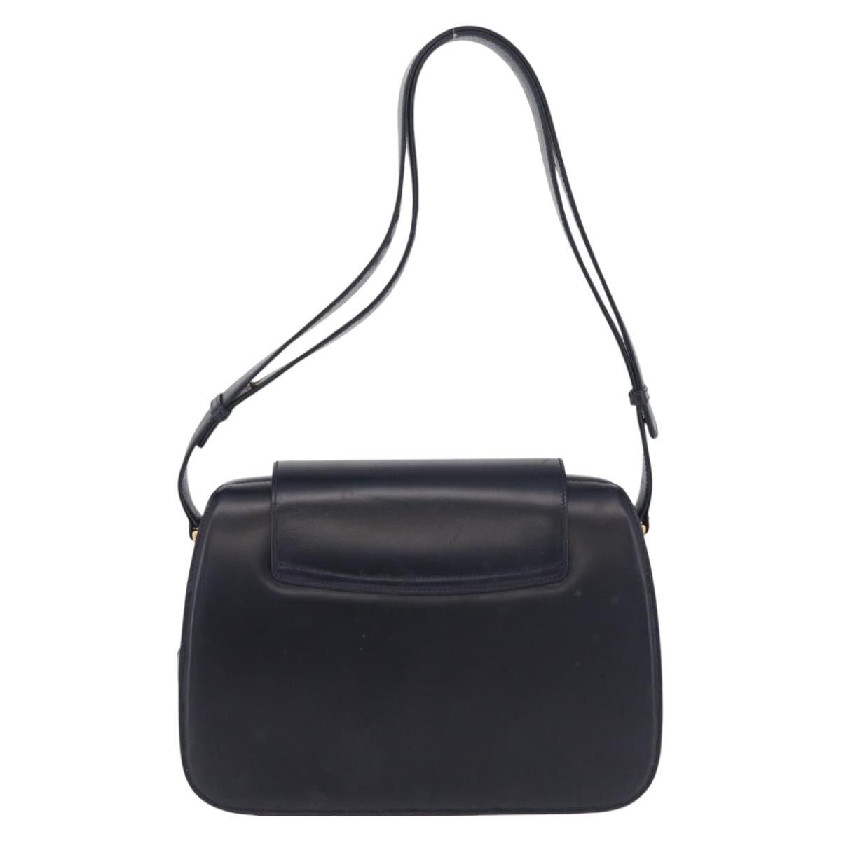 GUCCI Shoulder Bag Leather Navy Gold Auth 206895