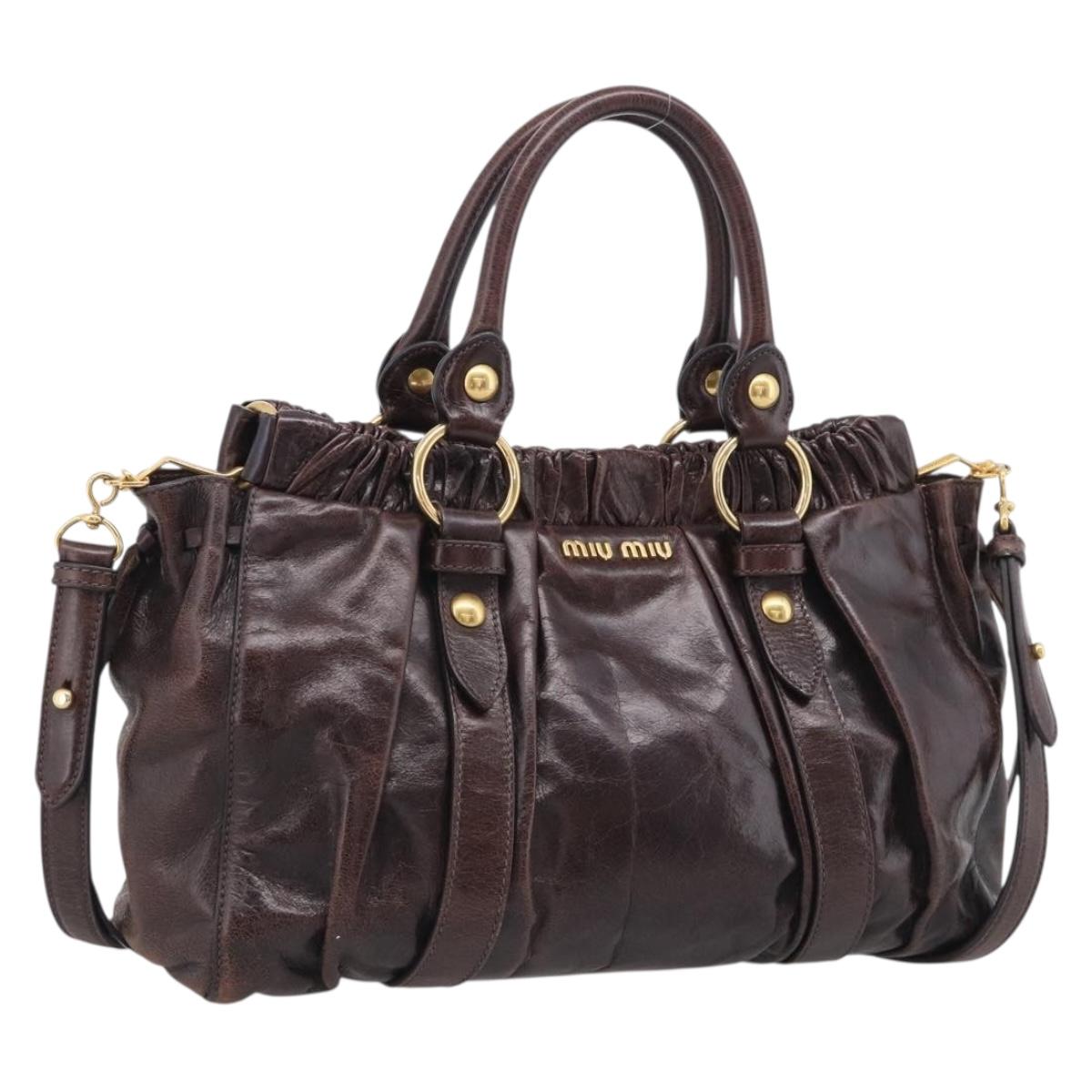 Miu Miu Matelasse Hand Bag Vitellolux 2way Dark Brown Gold Auth 206970V