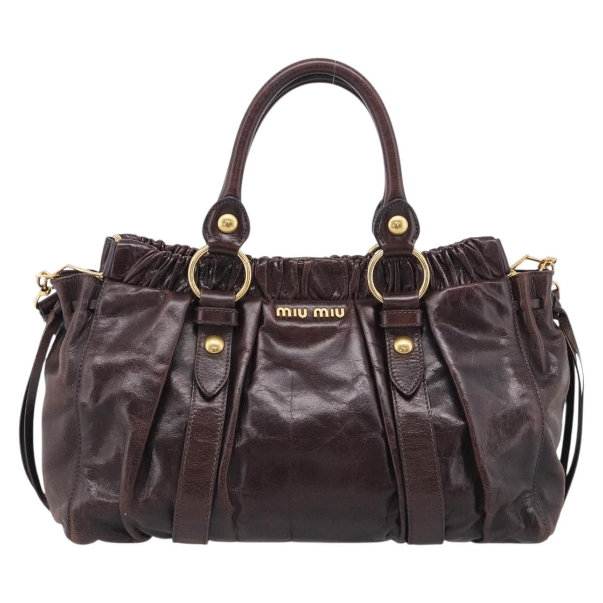 Miu Miu Matelasse Hand Bag Vitellolux 2way Dark Brown Gold Auth 206970V