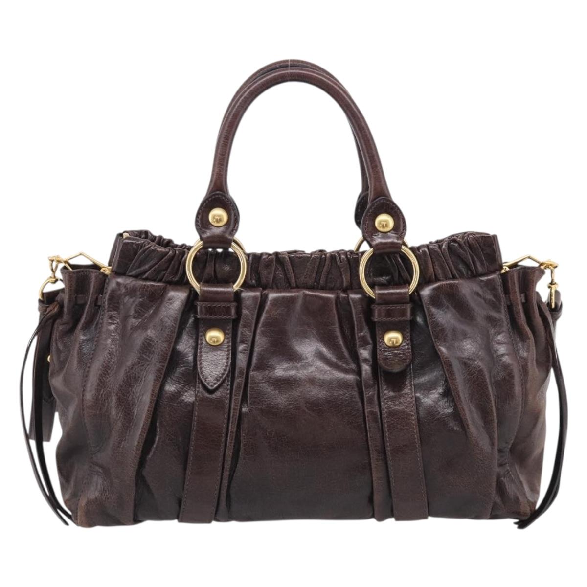 Miu Miu Matelasse Hand Bag Vitellolux 2way Dark Brown Gold Auth 206970V