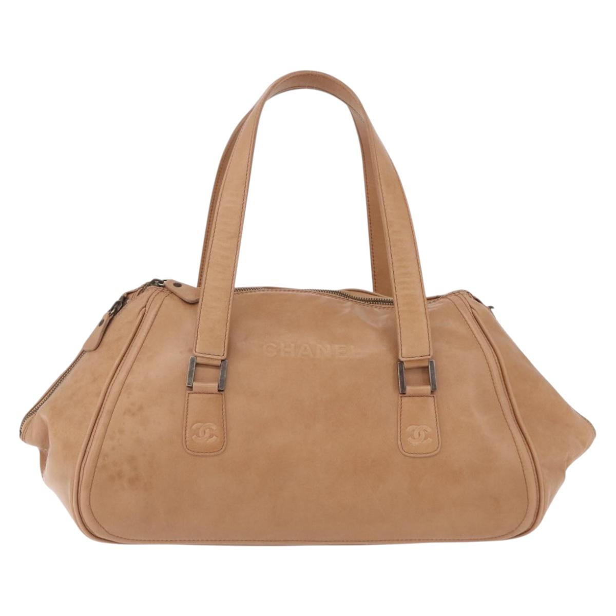 CHANEL COCO Mark Boston Bag Leather Beige Silver CC Auth 207005