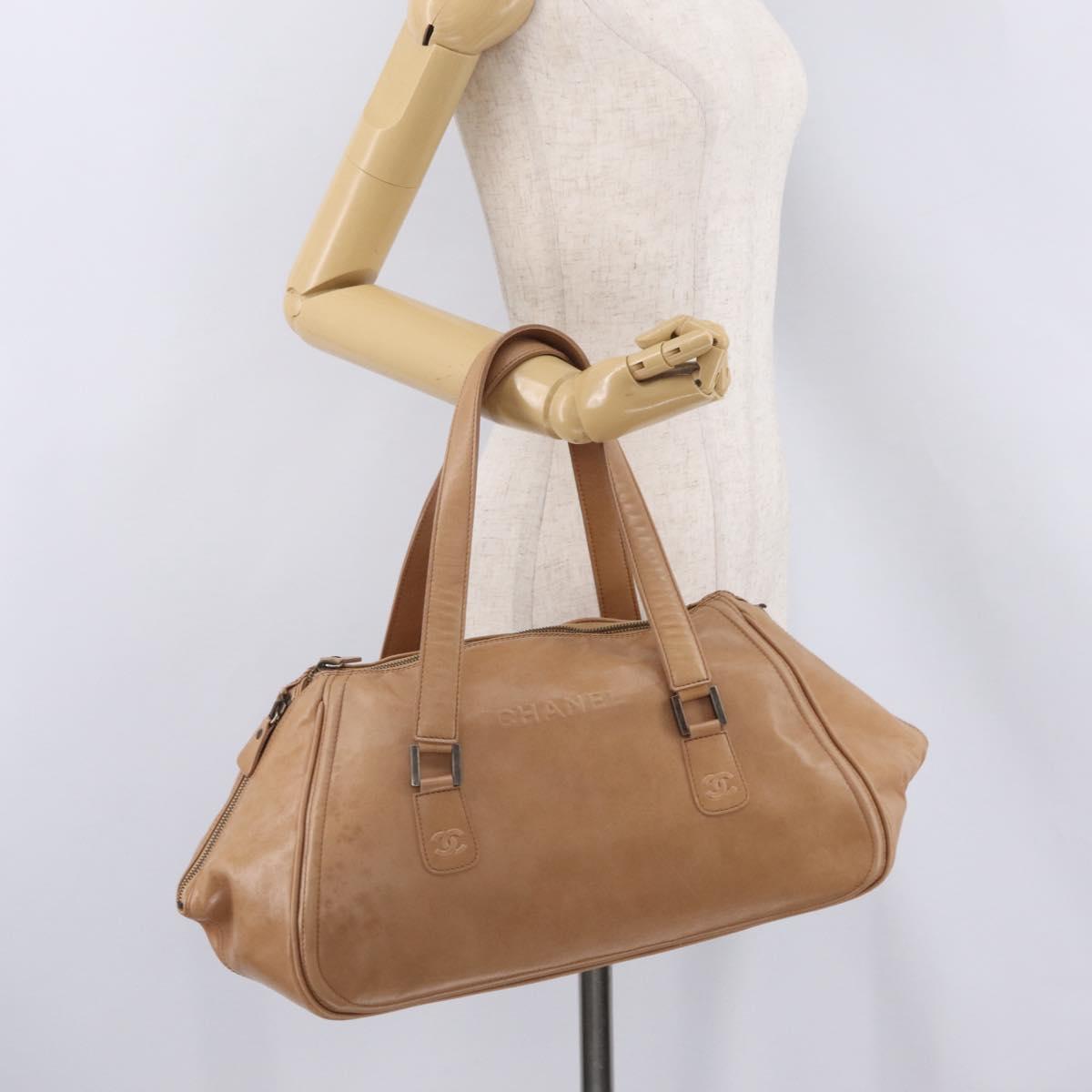 CHANEL COCO Mark Boston Bag Leather Beige Silver CC Auth 207005
