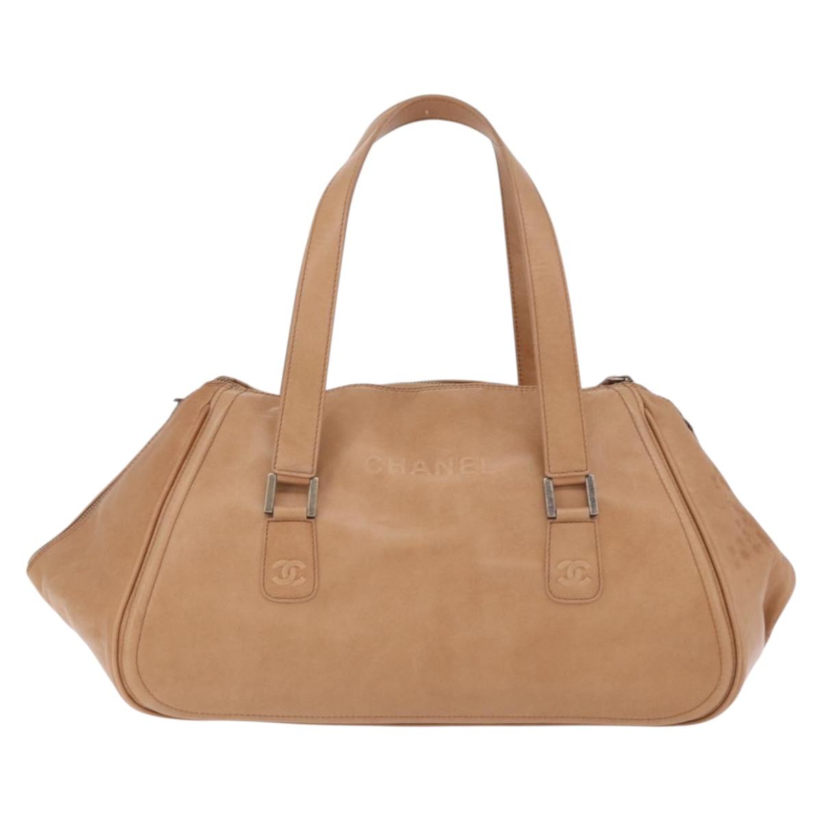 CHANEL COCO Mark Boston Bag Leather Beige Silver CC Auth 207005