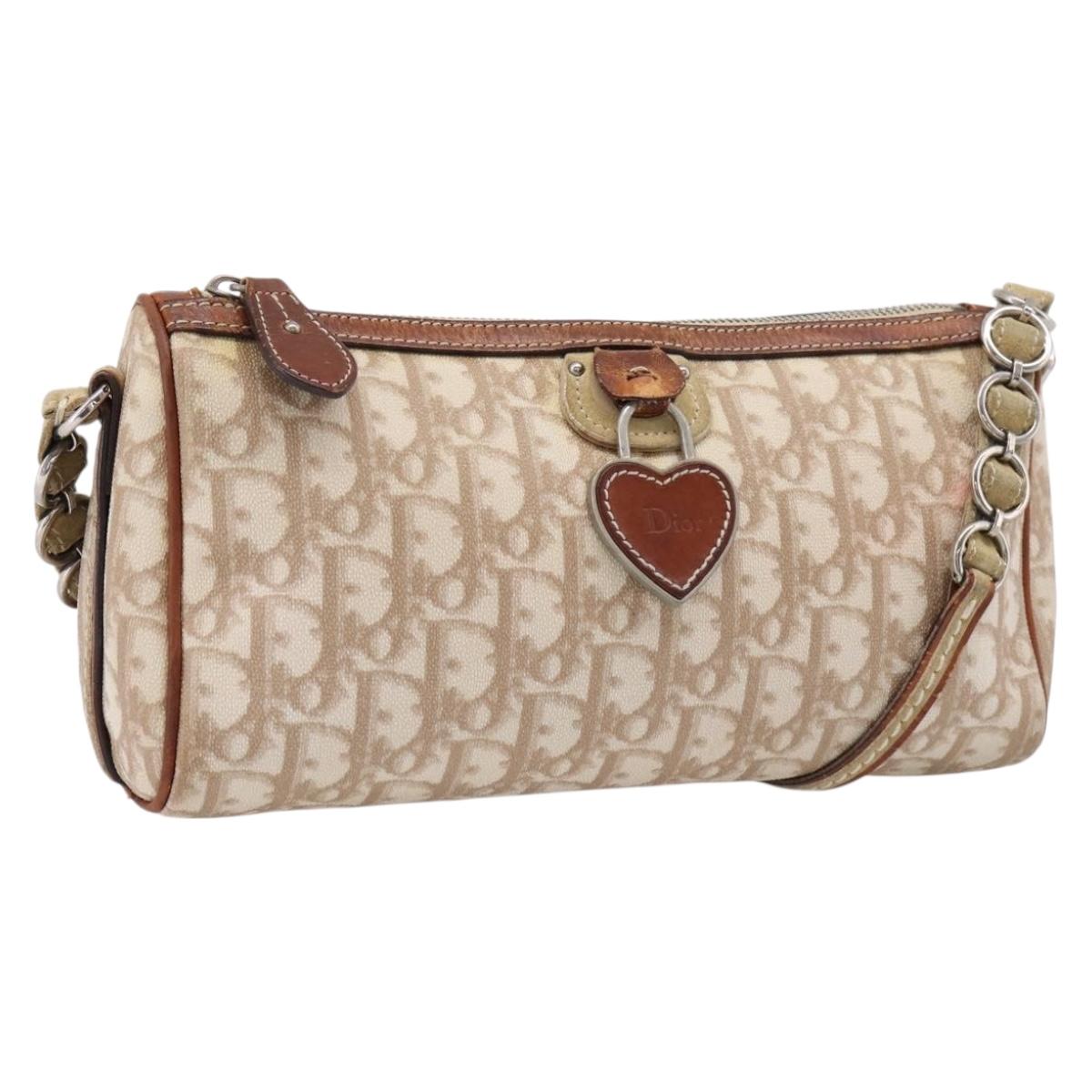 Christian Dior Trotter Canvas Romantic Chain Bag PVC Beige Silver Auth 207013