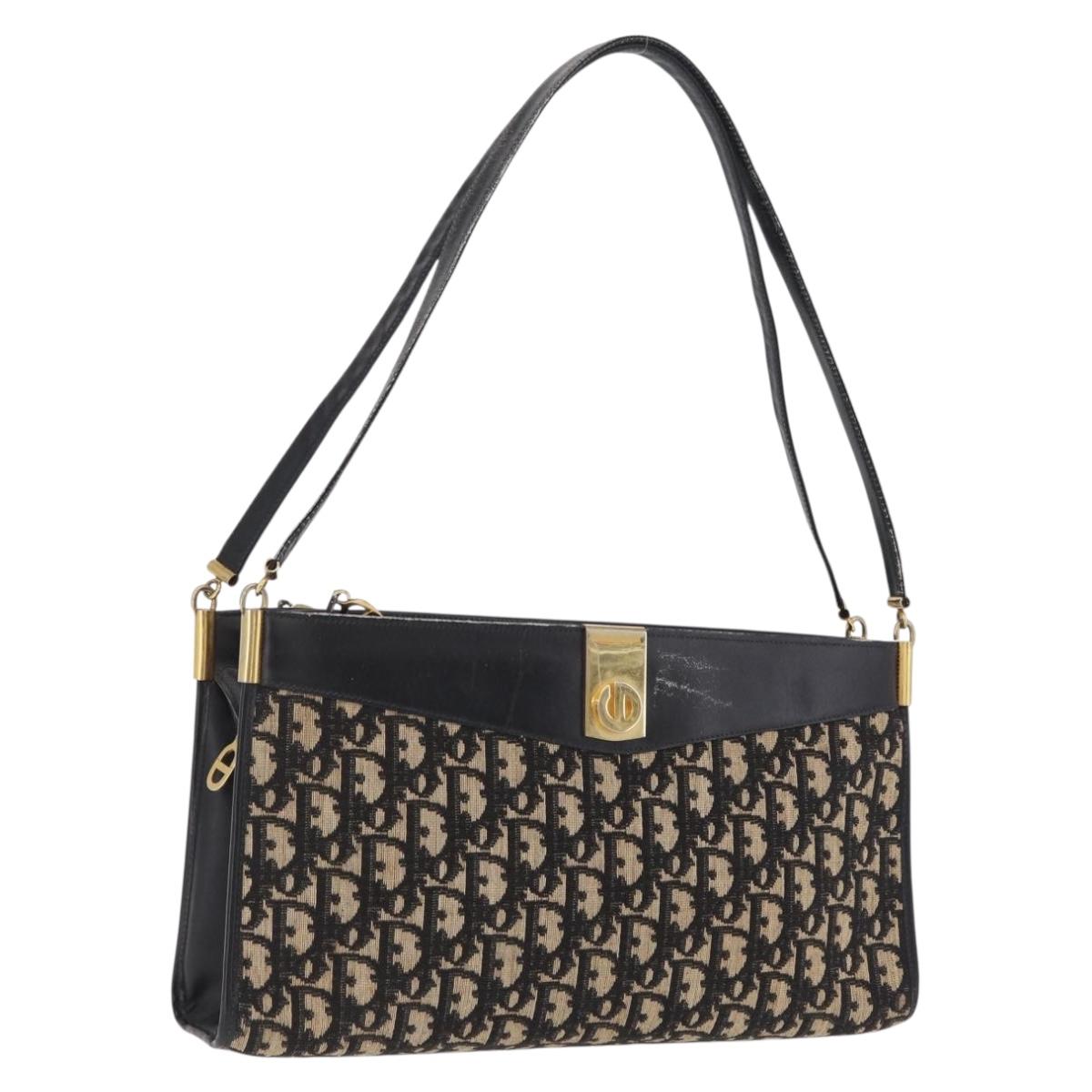 Christian Dior Trotter Canvas Shoulder Bag Navy Gold Auth 207020
