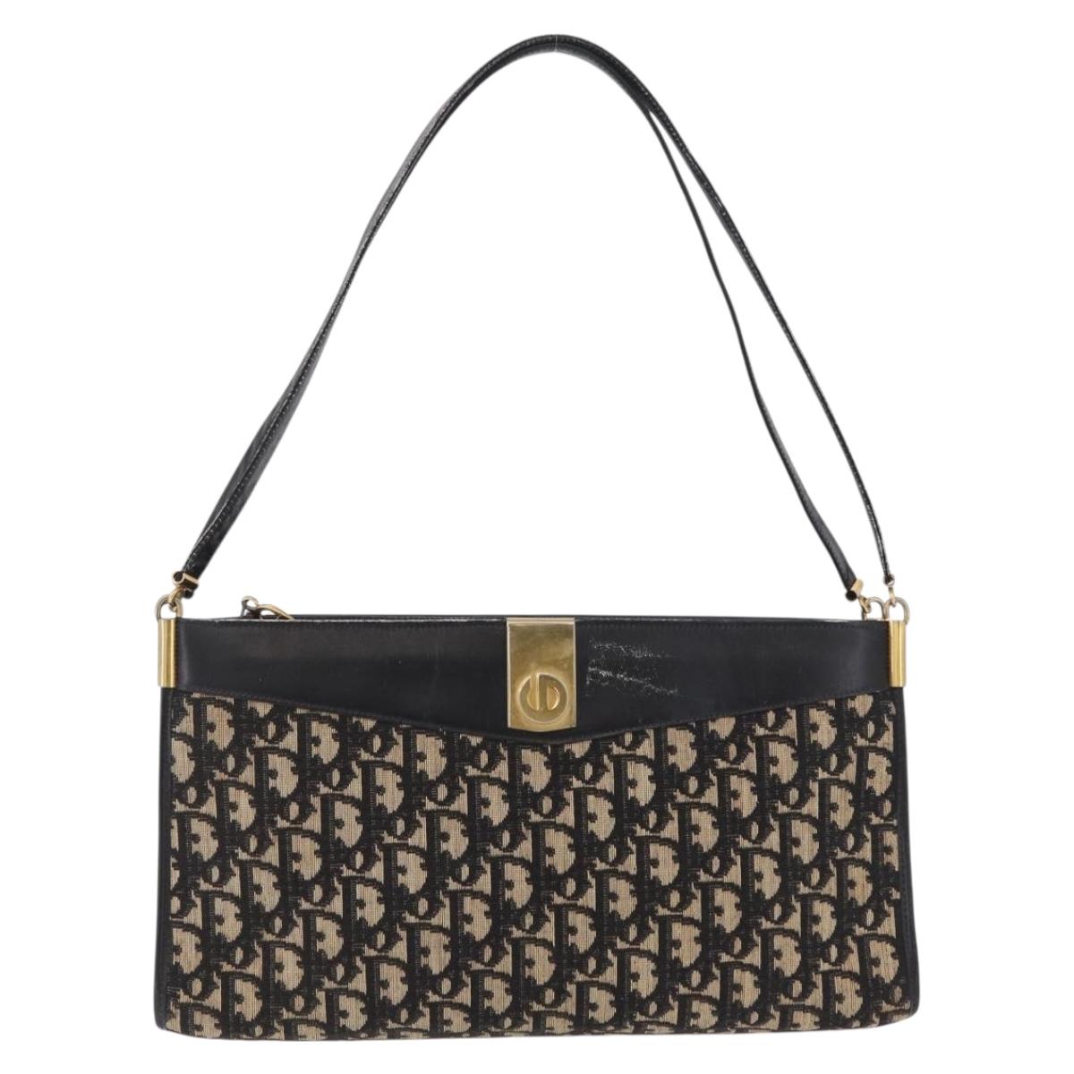 Christian Dior Trotter Canvas Shoulder Bag Navy Gold Auth 207020