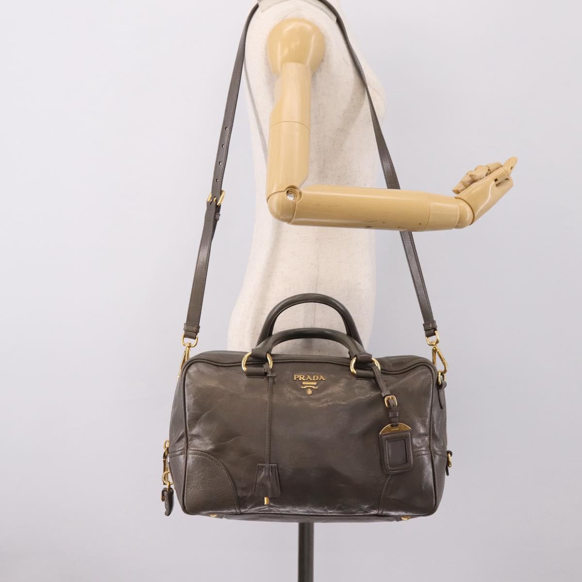 PRADA Hand Bag Leather 2way Gray Gold Auth 207067A