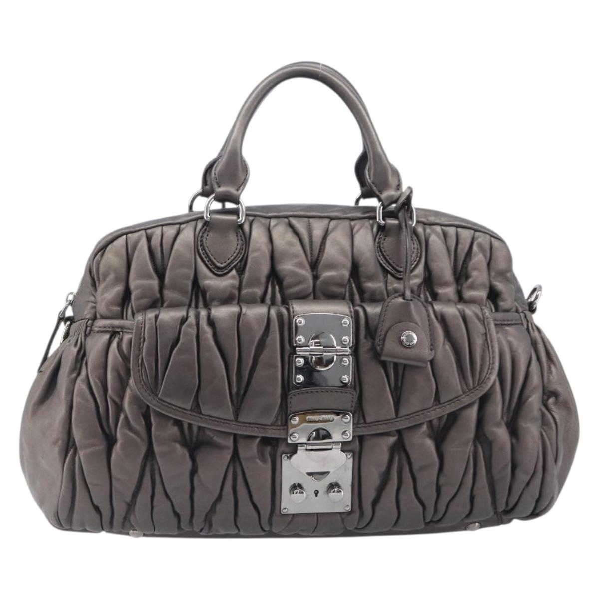 Miu Miu Matelasse Hand Bag Leather Gray Silver Auth 207068A