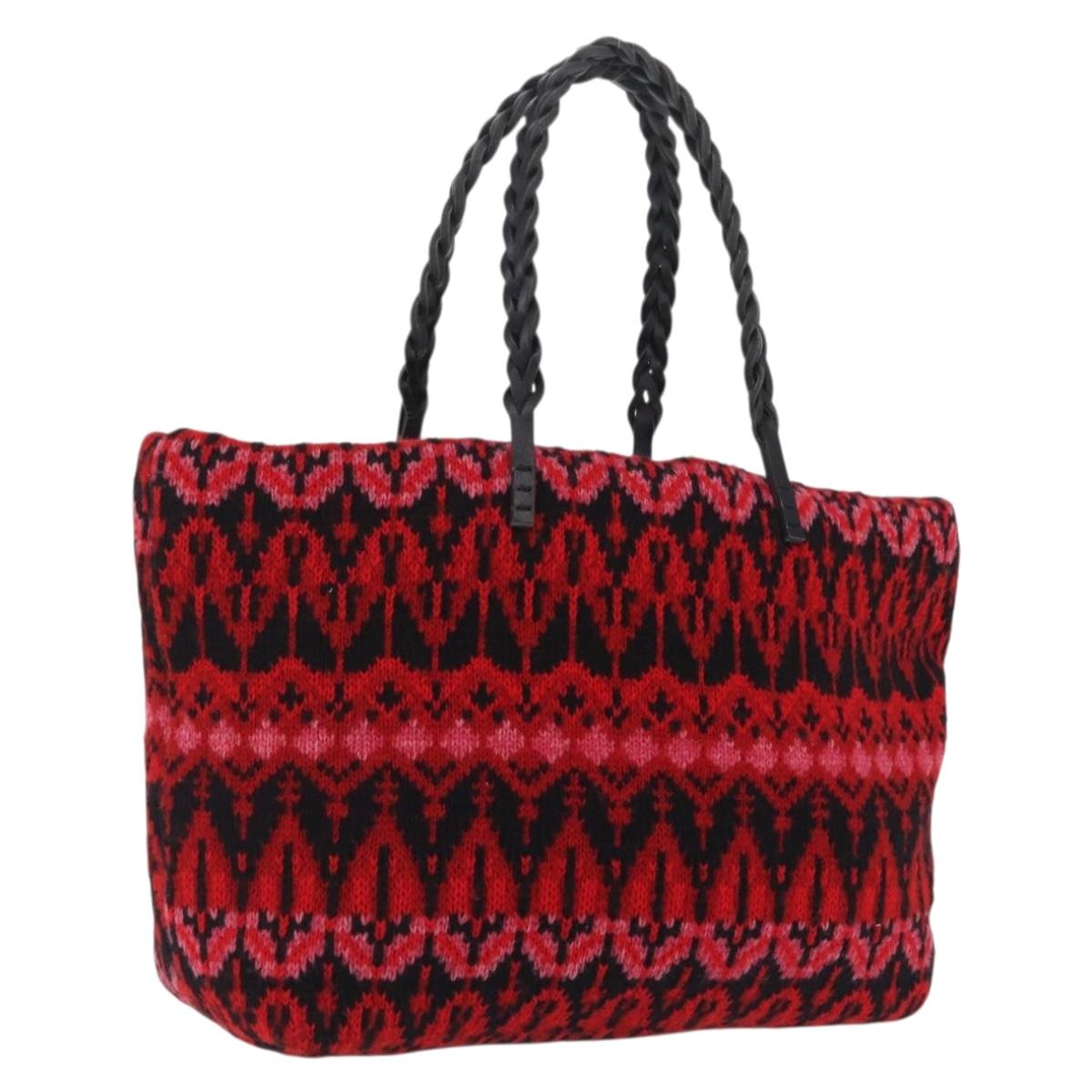 FENDI Tote Bag Wool Red Silver Auth 207077A