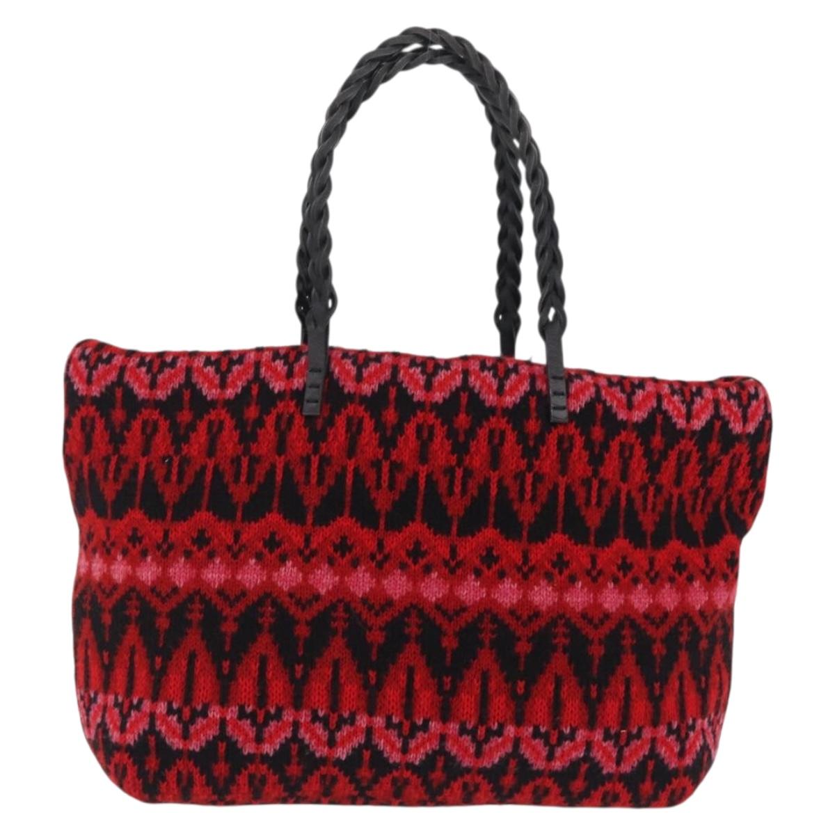 FENDI Tote Bag Wool Red Silver Auth 207077A