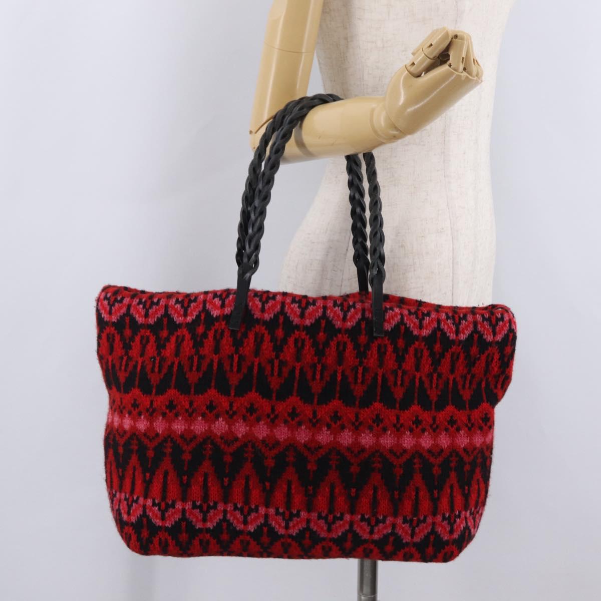 FENDI Tote Bag Wool Red Silver Auth 207077A