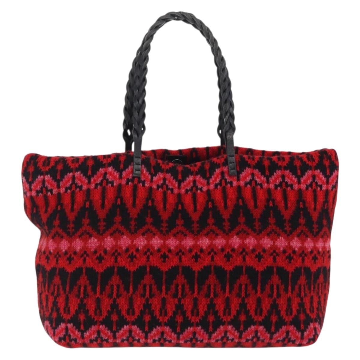 FENDI Tote Bag Wool Red Silver Auth 207077A