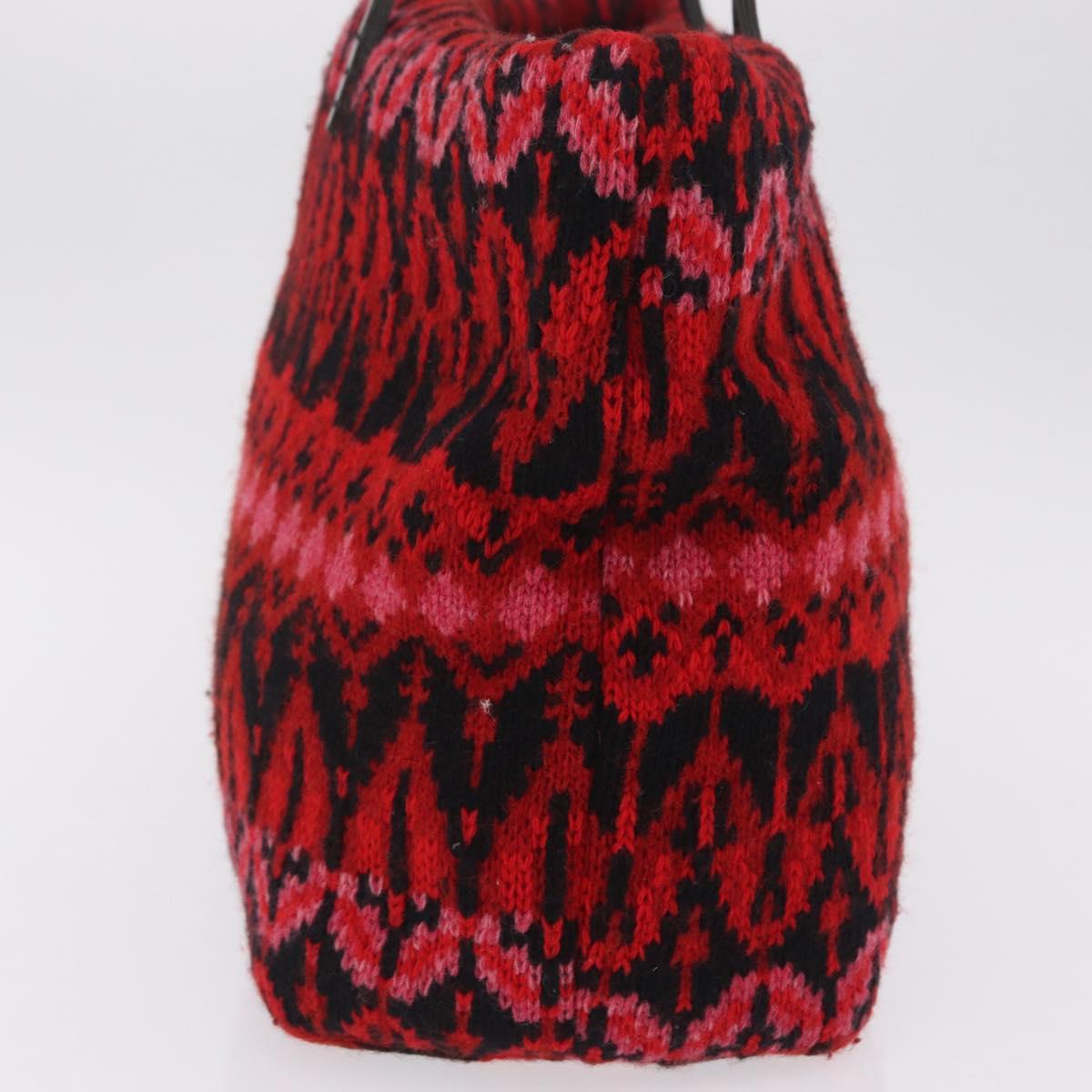 FENDI Tote Bag Wool Red Silver Auth 207077A