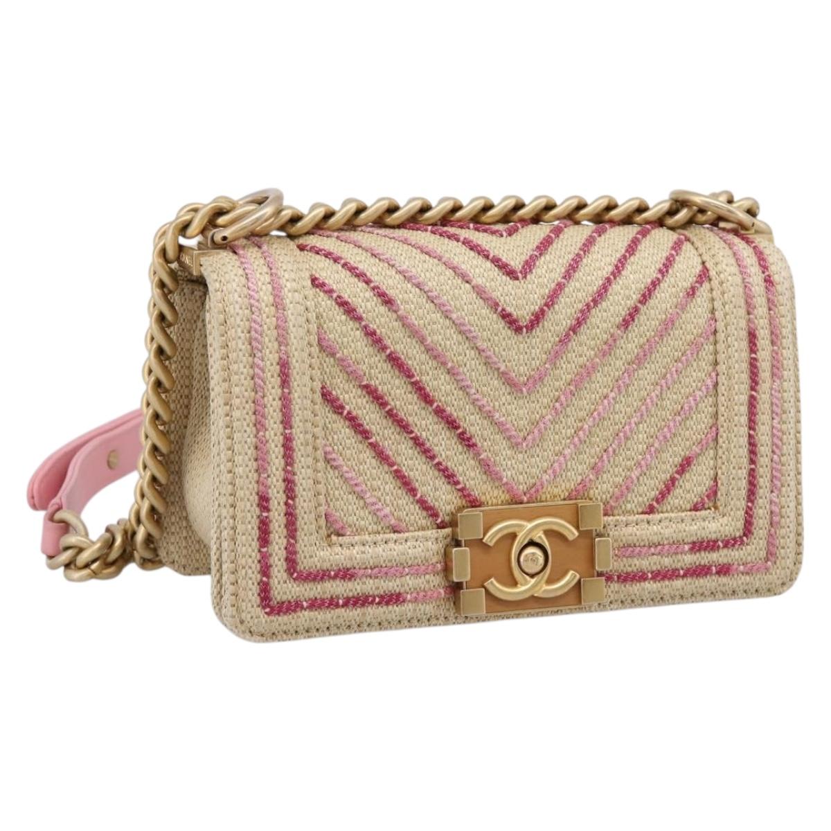CHANEL Boy Chanel Chain Shoulder Bag Raffia Beige Gold CC Auth 207083SM