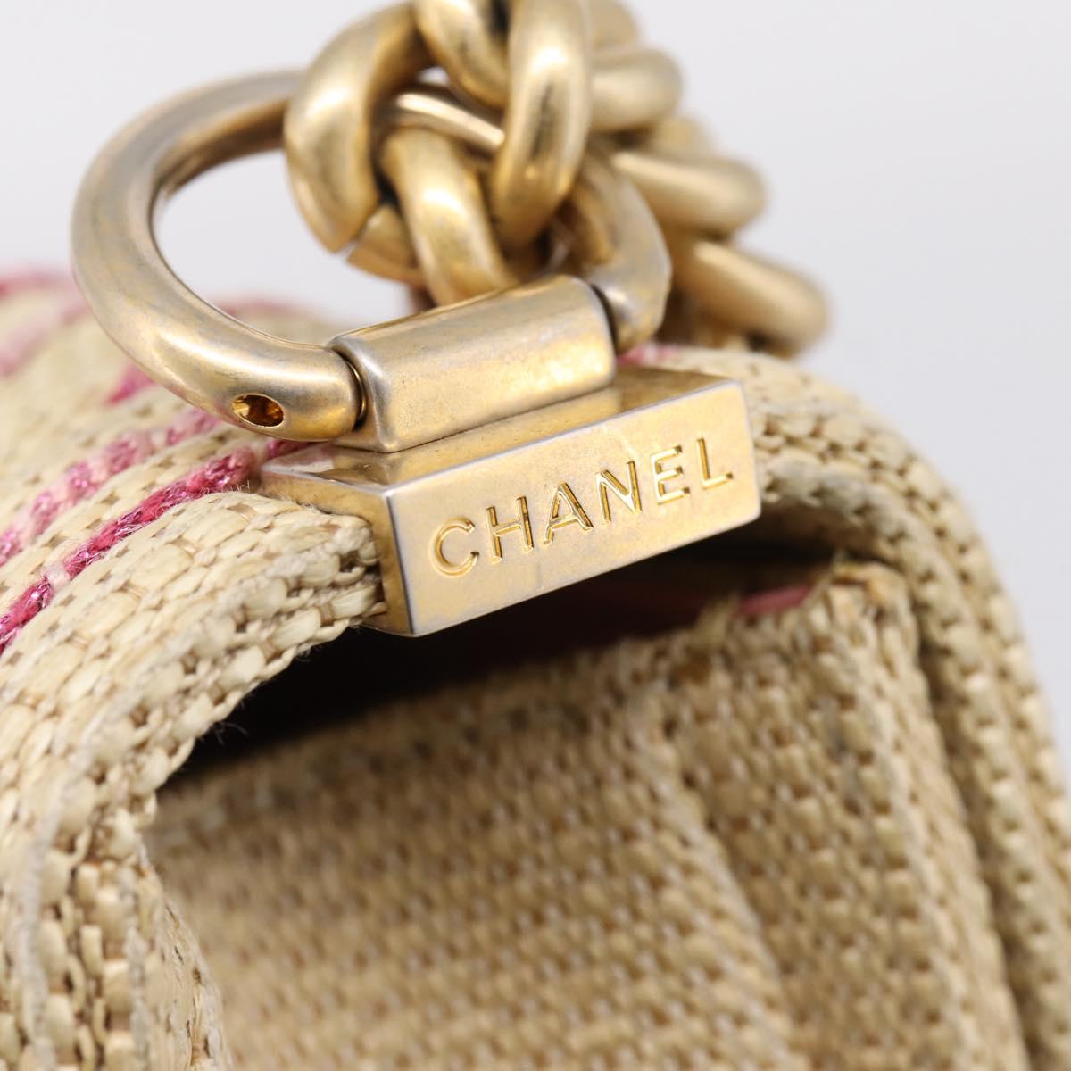 CHANEL Boy Chanel Chain Shoulder Bag Raffia Beige Gold CC Auth 207083SM