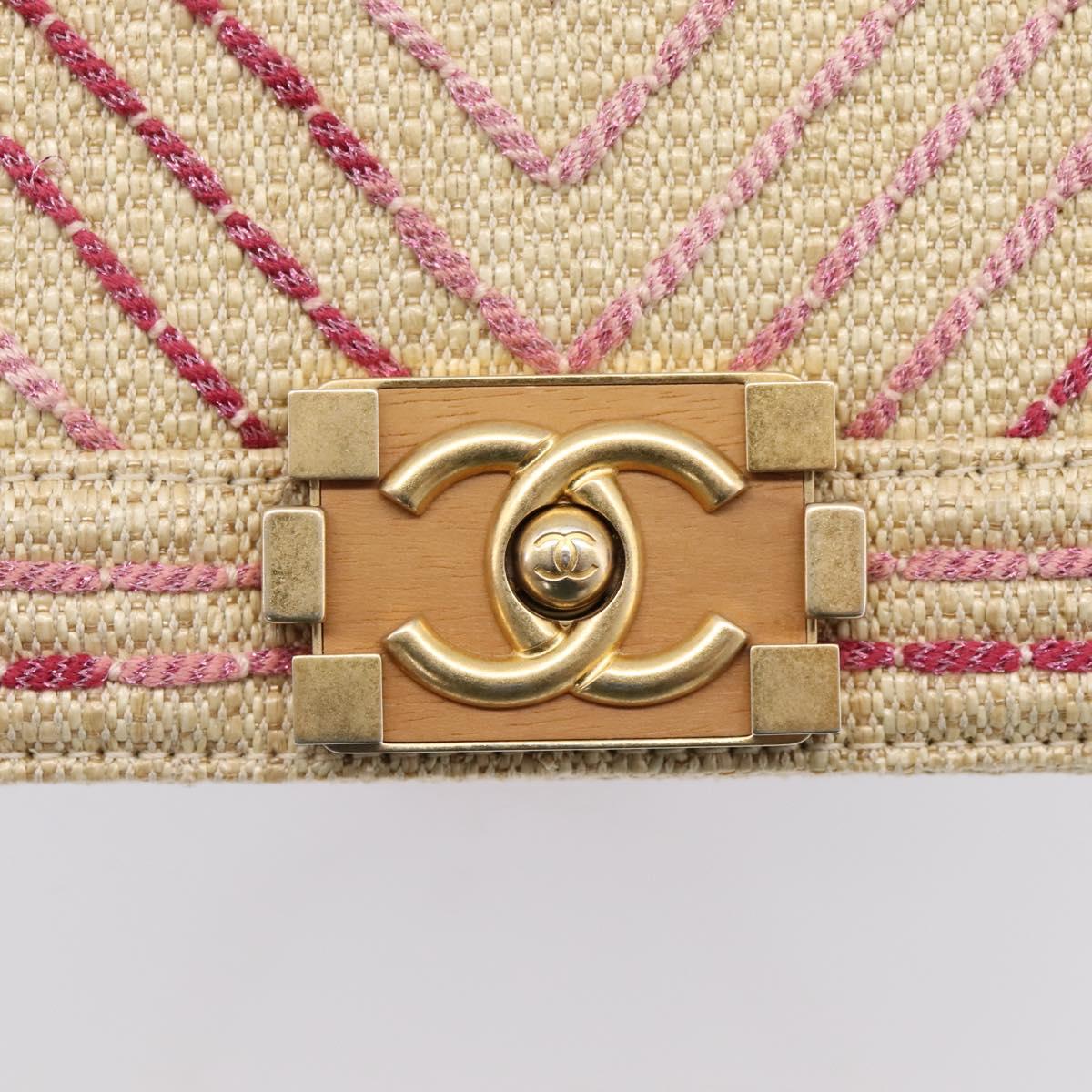 CHANEL Boy Chanel Chain Shoulder Bag Raffia Beige Gold CC Auth 207083SM