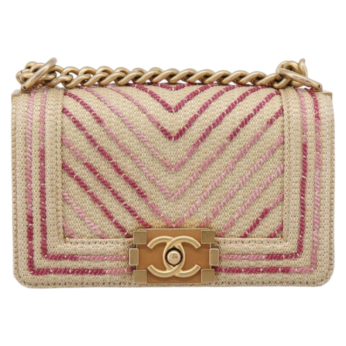 CHANEL Boy Chanel Chain Shoulder Bag Raffia Beige Gold CC Auth 207083SM