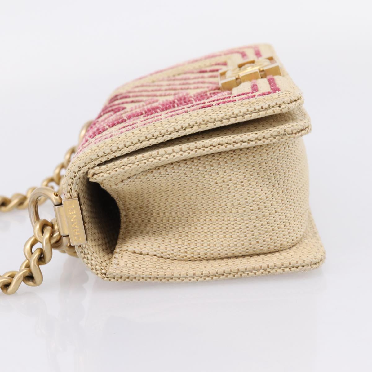 CHANEL Boy Chanel Chain Shoulder Bag Raffia Beige Gold CC Auth 207083SM