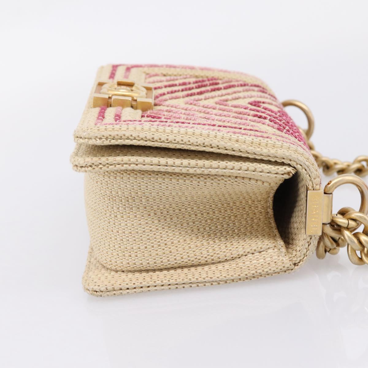 CHANEL Boy Chanel Chain Shoulder Bag Raffia Beige Gold CC Auth 207083SM