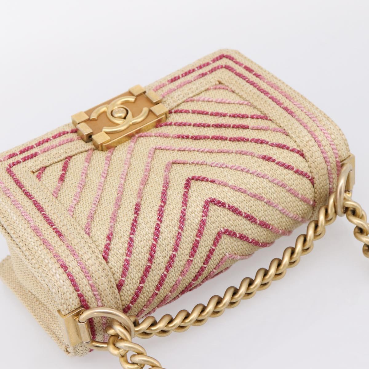 CHANEL Boy Chanel Chain Shoulder Bag Raffia Beige Gold CC Auth 207083SM
