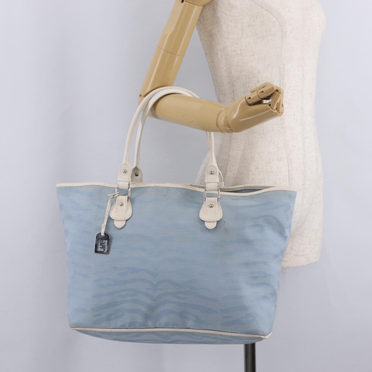 FENDI Tote Bag Canvas Light Blue Silver Auth 207089
