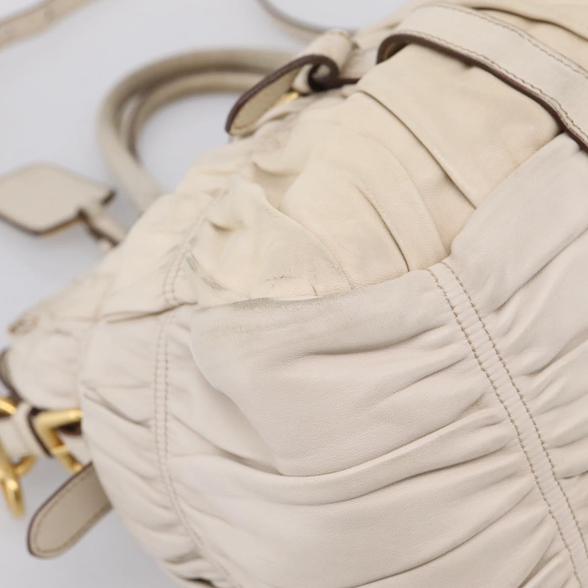 PRADA Gathered Hand Bag Leather 2way Beige Gold Auth 207092A