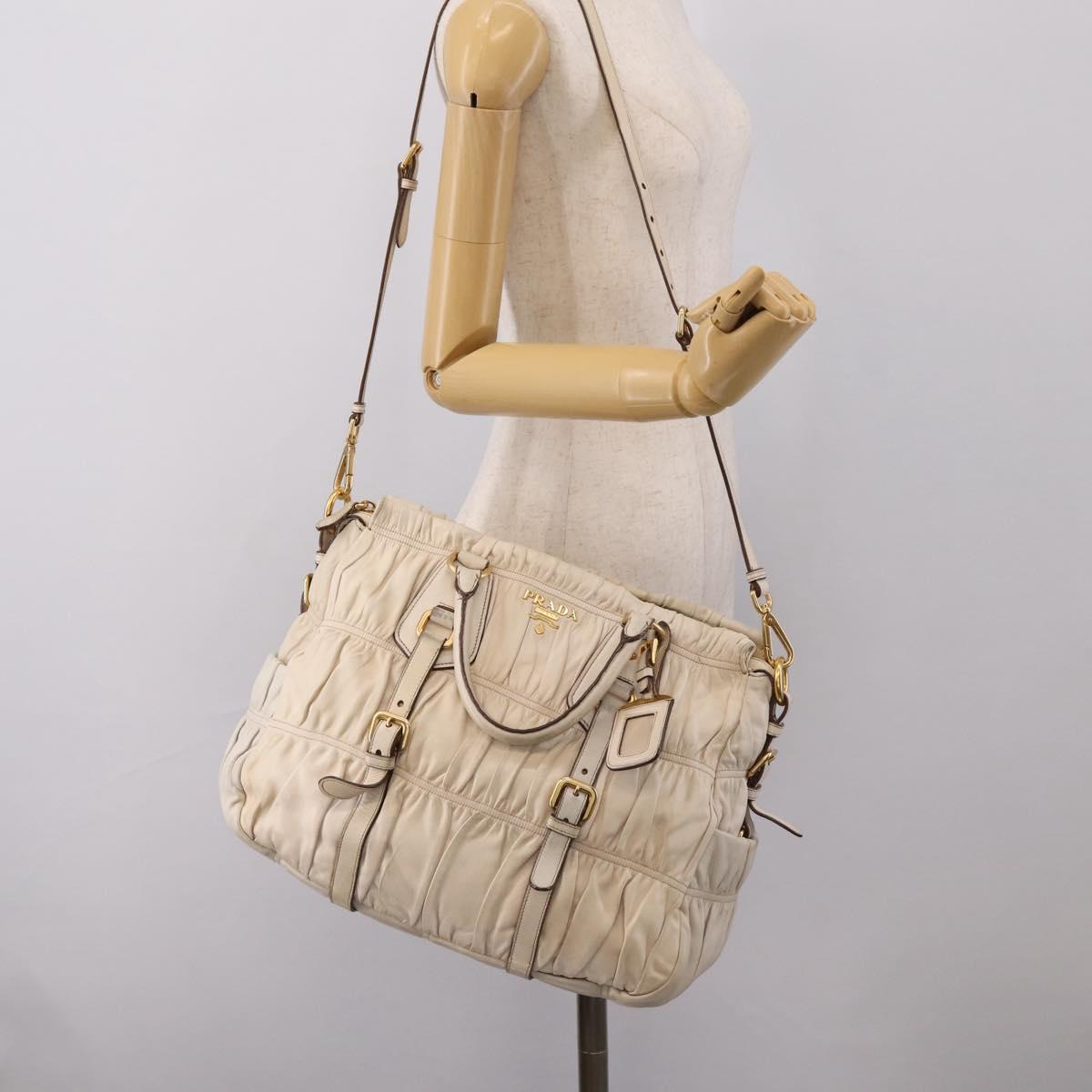 PRADA Gathered Hand Bag Leather 2way Beige Gold Auth 207092A