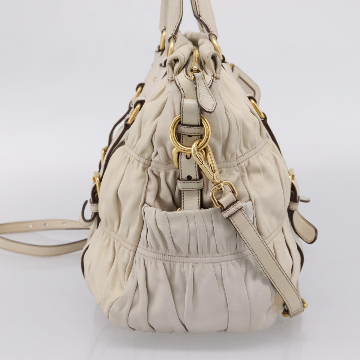PRADA Gathered Hand Bag Leather 2way Beige Gold Auth 207092A