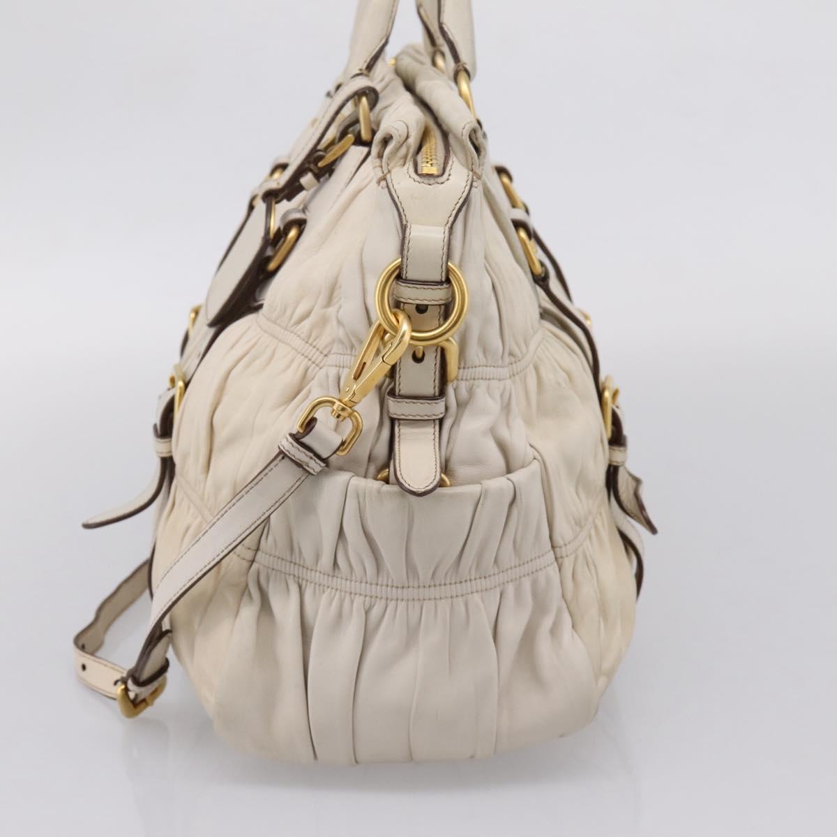 PRADA Gathered Hand Bag Leather 2way Beige Gold Auth 207092A