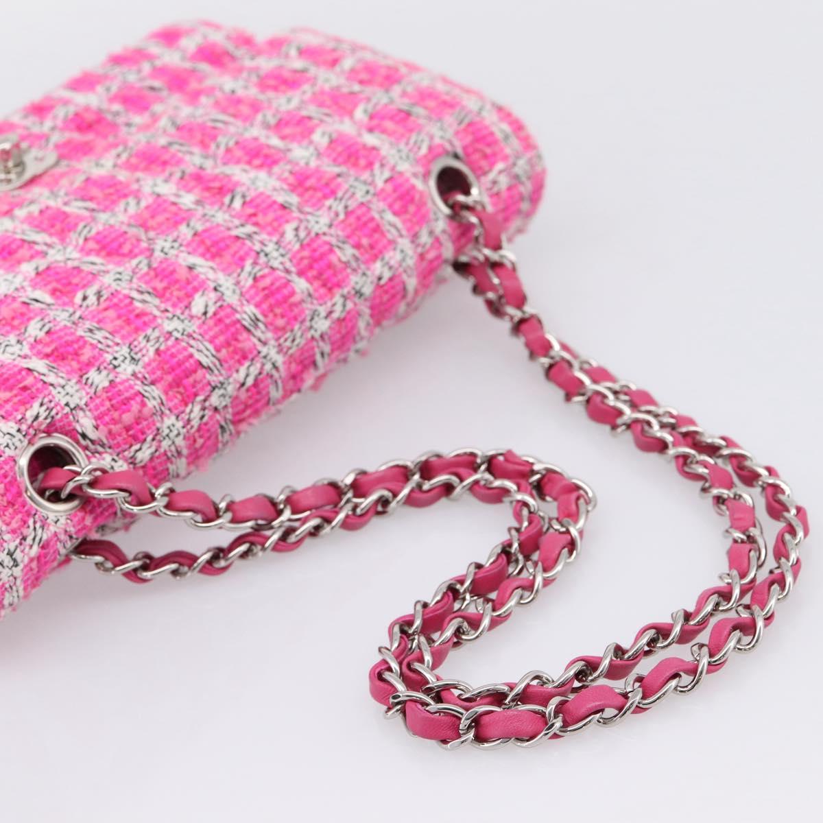 CHANEL Chain Matelasse 25 Shoulder Bag tweed Pink Silver CC Auth 207101SM