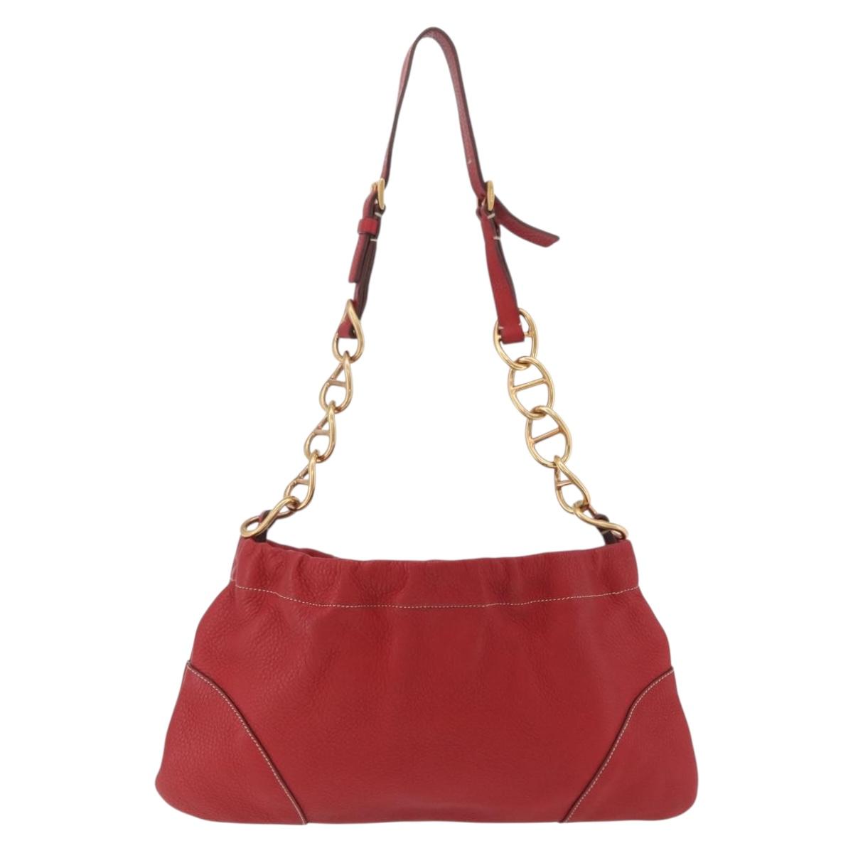 PRADA Chain Shoulder Bag Vittero Dino Leather Red Gold Auth 207148A
